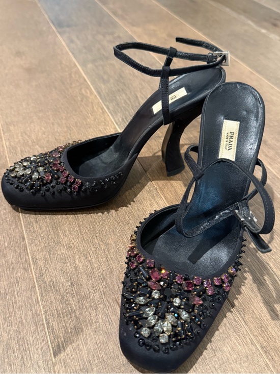Prada Shoes - Prada Black Satin Jeweled Ankle-Strap Pumps with Pink and Clear Accents